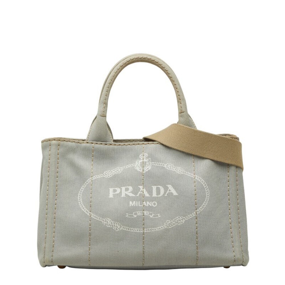 Prada Canapa Triangle Plate Tote Bag Handbag Shoulder Gray Canvas